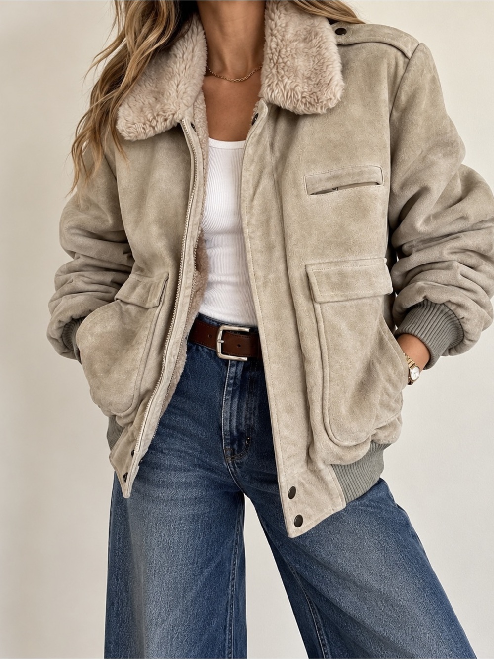 Vintage Suede Bomber Jacket Faux Shearling Lined Aviator Flight Size 40